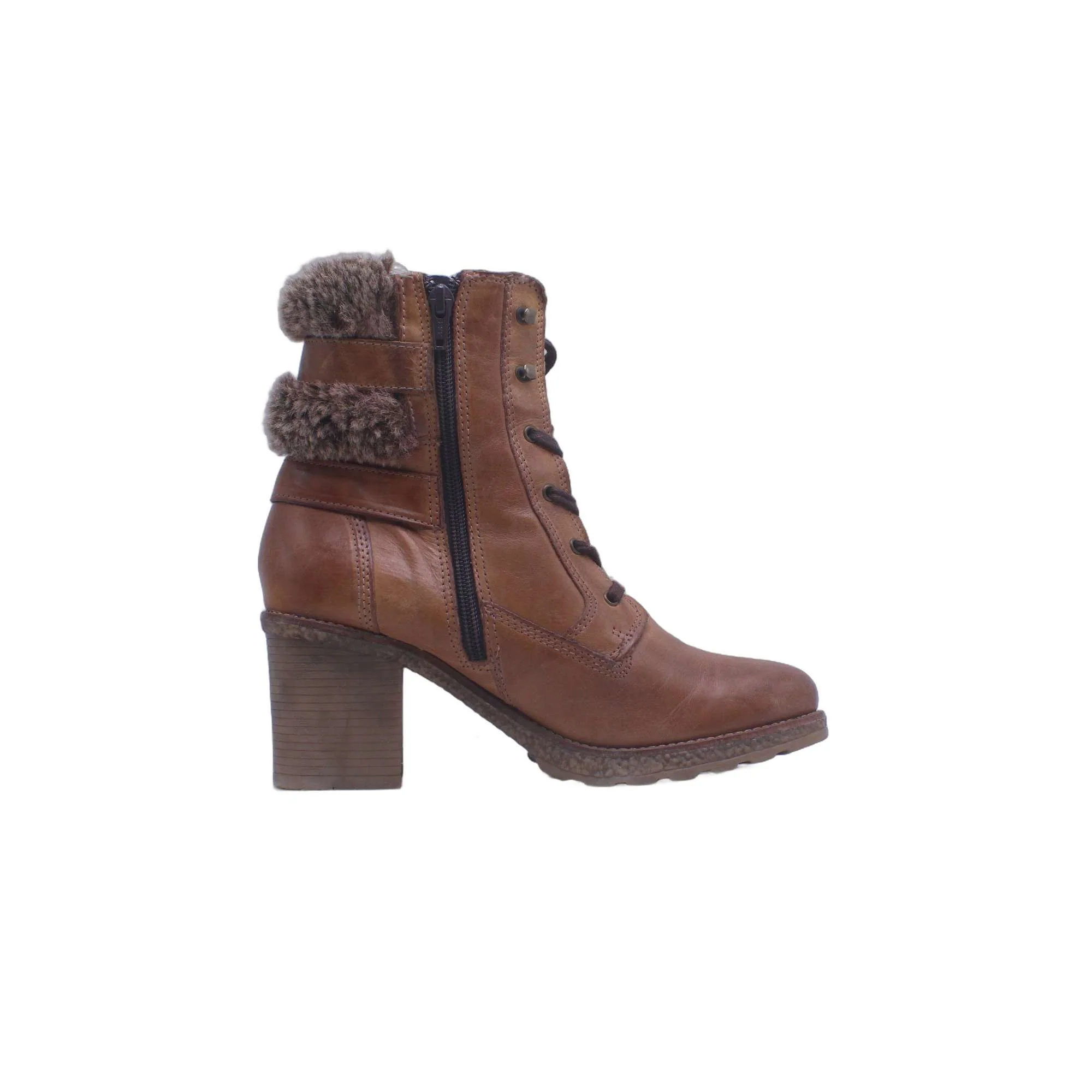 5th Avenue Brown Leather Shearling Trim Stacked Heel Boot - Image 2