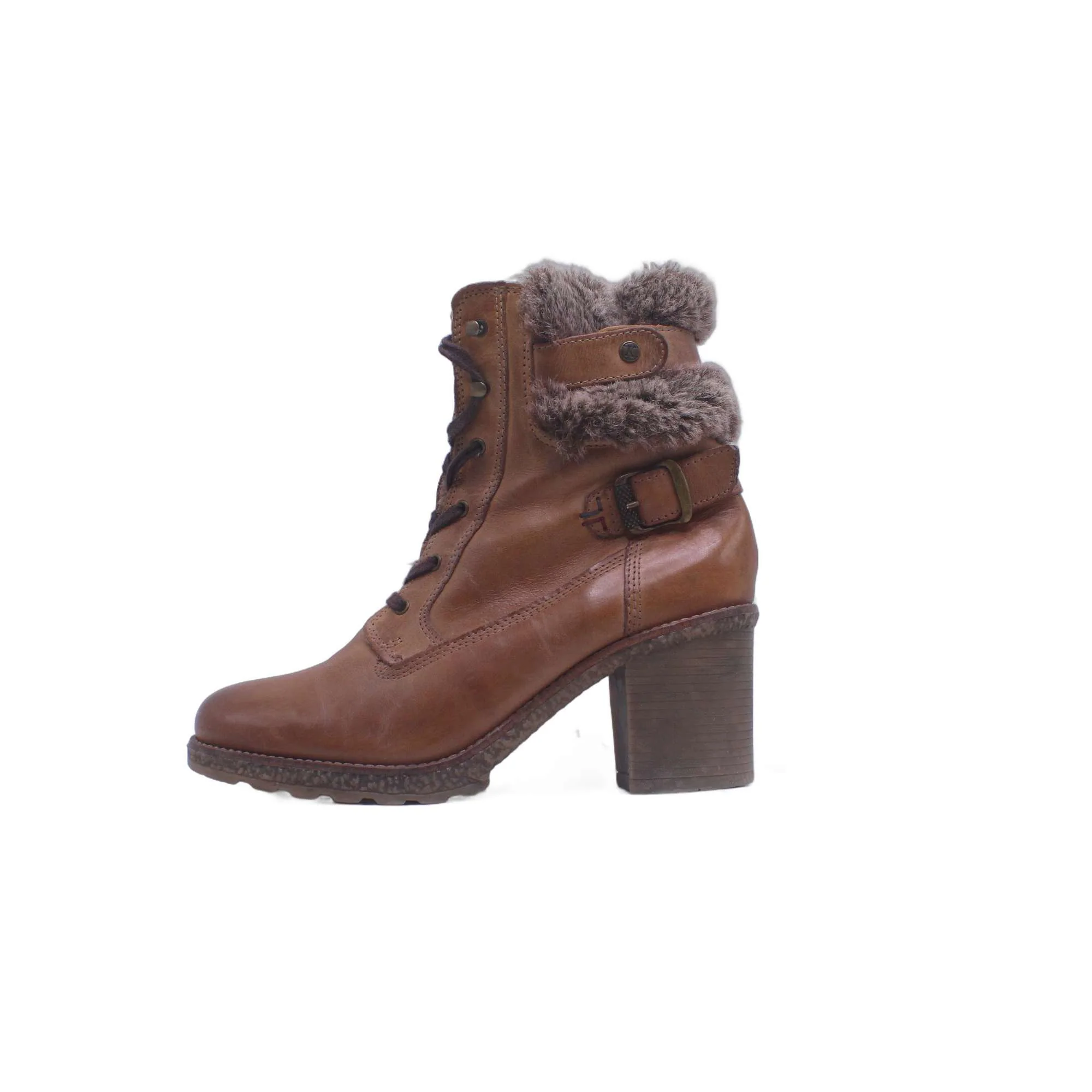 5th Avenue Brown Leather Shearling Trim Stacked Heel Boot - Image 3